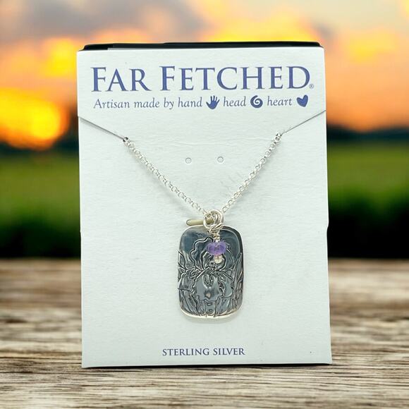 Far Fetched Amethyst Iris Flower Quote Pendant Necklace 925 Sterling Silver - Picture 3 of 4